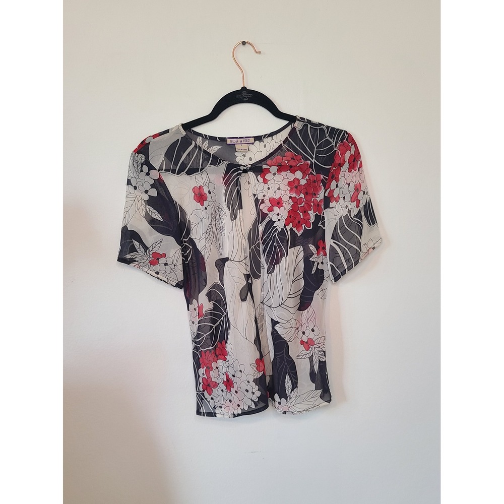 Chelsea & Violet Silk Red Black White Floral Open Front Cardigan Blouse Size S